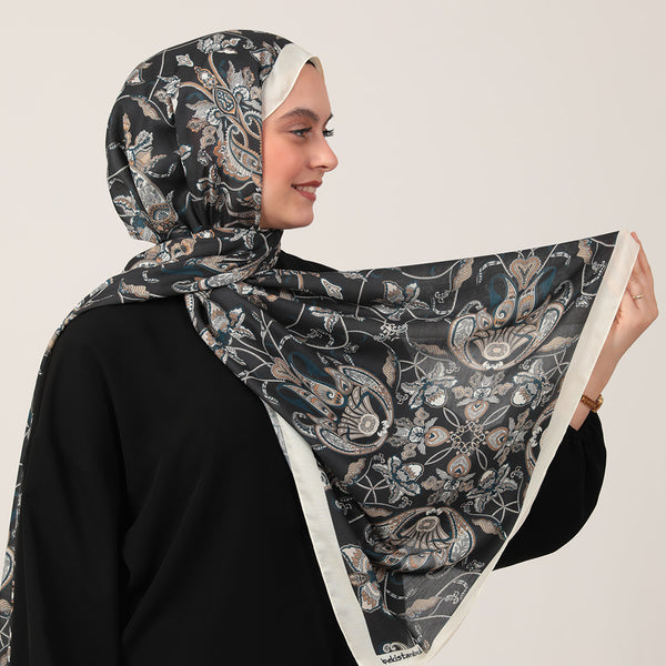 Pamuk İpek Şal - Paisley Çiçek Desen - Siyah Krem