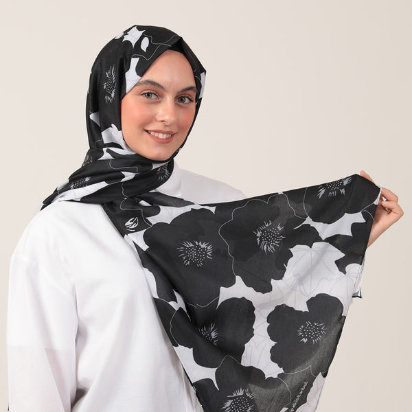 Pamuk İpek Şal - Manolya Desen - Siyah