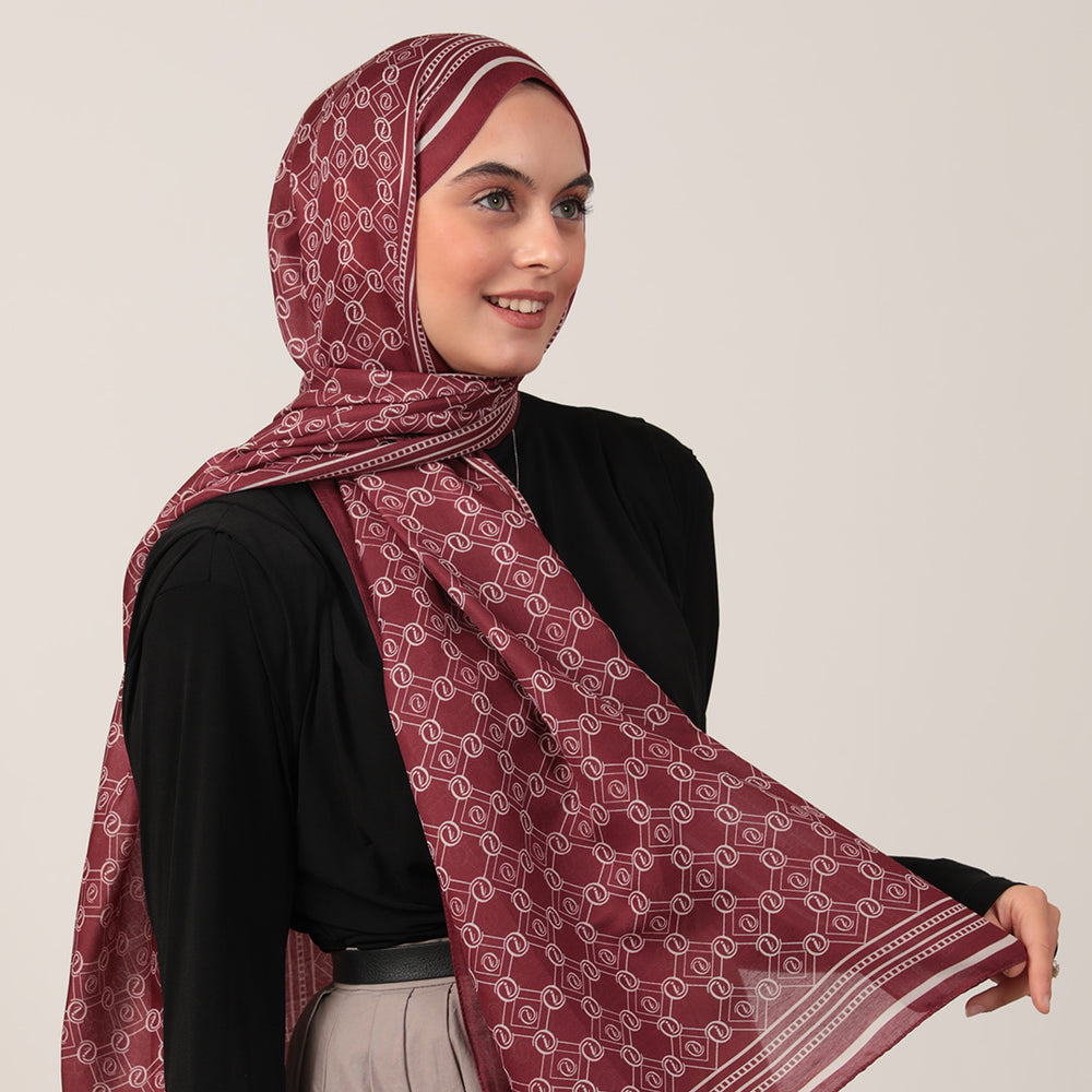 Pamuk İpek Şal - Monogram Desen - Bordo