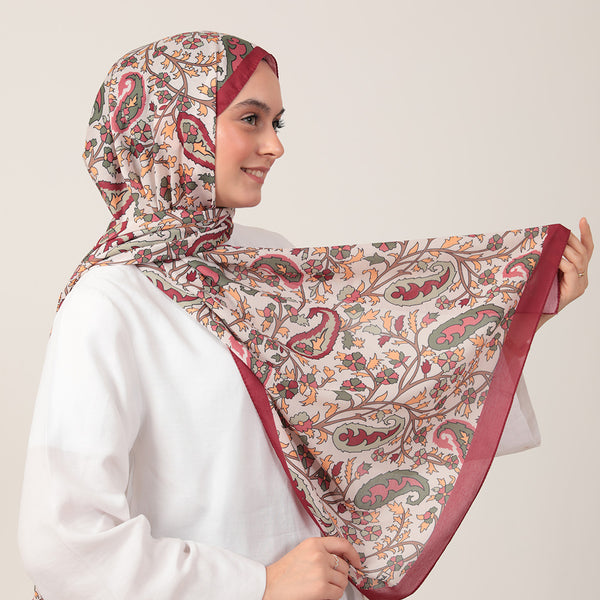 Pamuk İpek Şal - Etnik Floral Desen - Bordo