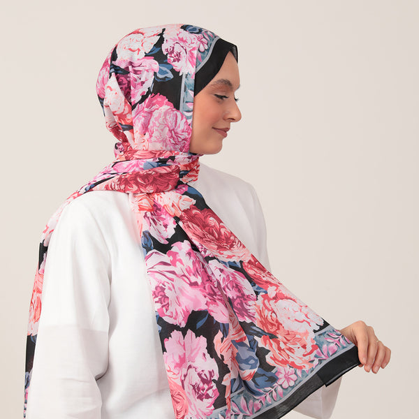 Pamuk İpek Şal - Floral Desen - Siyah Fuşya