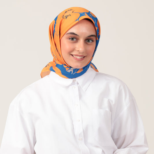 Pamuk İpek Eşarp - Manolya Desen - Oranj Saks