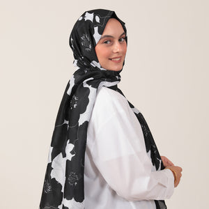 Pamuk İpek Şal - Manolya Desen - Siyah