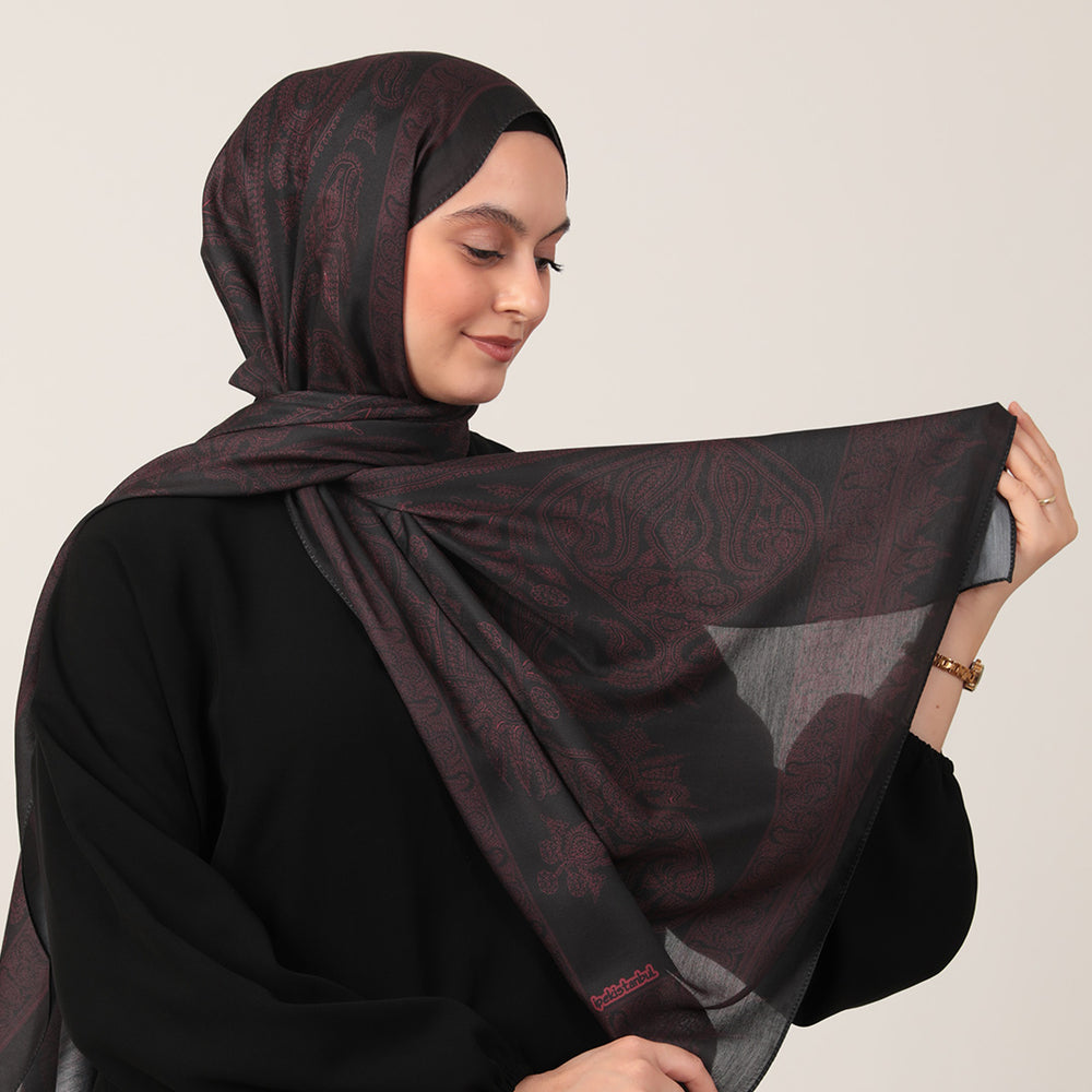 Pamuk İpek Şal - Mistik Desen - Siyah Bordo