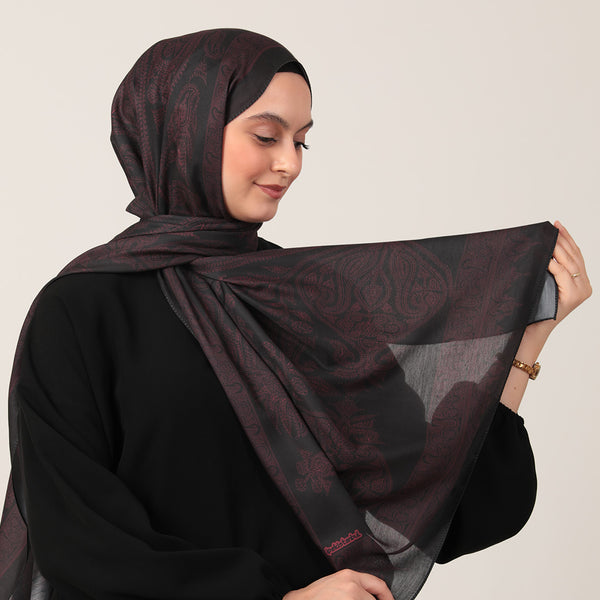 Pamuk İpek Şal - Mistik Desen - Siyah Bordo
