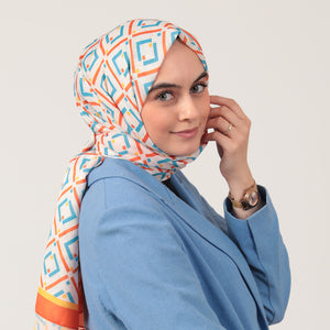 Pamuk İpek Şal - Yeni Baklava Desen - Ekru Oranj