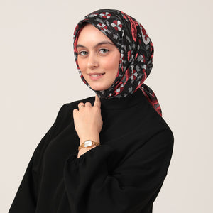 Pamuk İpek Eşarp - Etnik Floral Desen - Bordo Siyah
