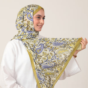 Pamuk İpek Şal - Etnik Floral Desen - Olive