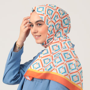 Pamuk İpek Şal - Yeni Baklava Desen - Ekru Oranj