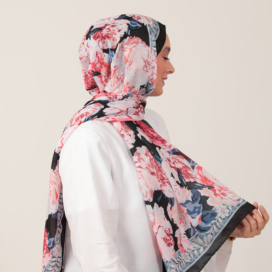 Pamuk İpek Şal - Floral Desen - Siyah Pudra