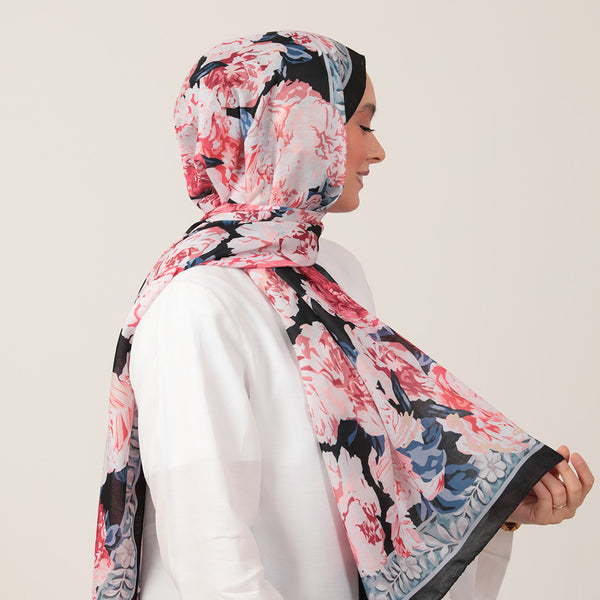 Pamuk İpek Şal - Floral Desen - Siyah Pudra
