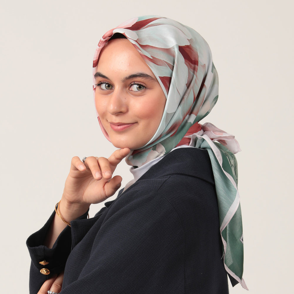 Pamuk İpek Eşarp - Lotus Desen - Yeşil