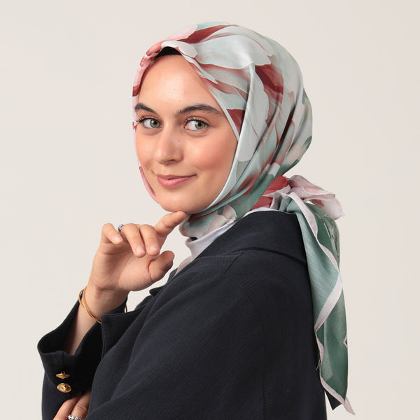 Pamuk İpek Eşarp - Lotus Desen - Yeşil