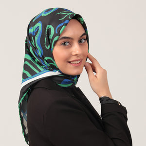 Twill Eşarp - İlkbahar Desen - Siyah Yeşil