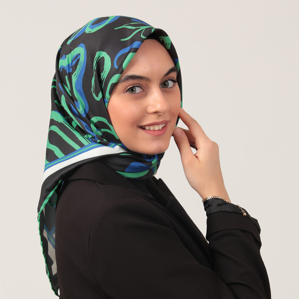Twill Eşarp - İlkbahar Desen - Siyah Yeşil
