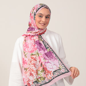 Pamuk İpek Şal - Floral Desen - Pembe
