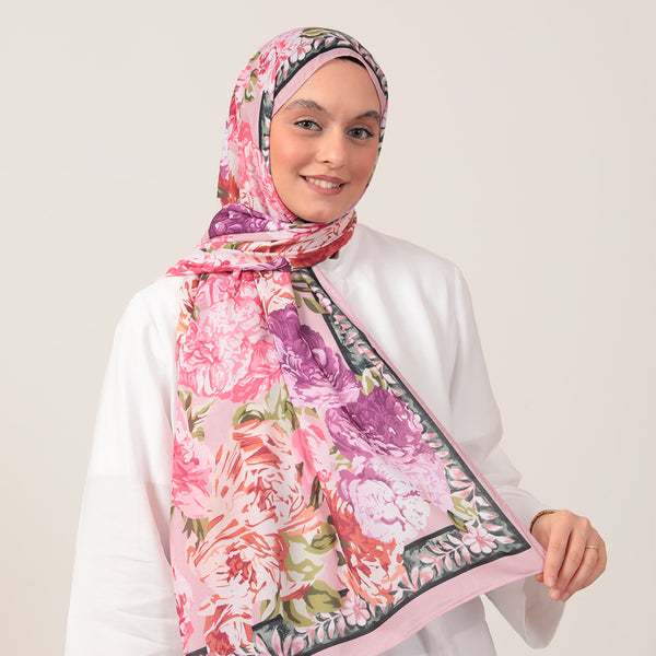 Pamuk İpek Şal - Floral Desen - Pembe