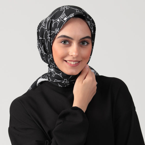 Pamuk İpek Eşarp - Yonca Desen - Siyah Beyaz
