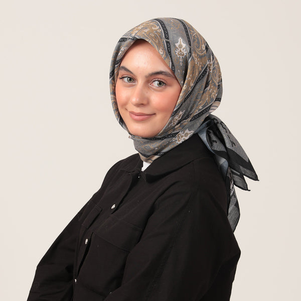 Pamuk İpek Eşarp - Etro Desen - Siyah Füme