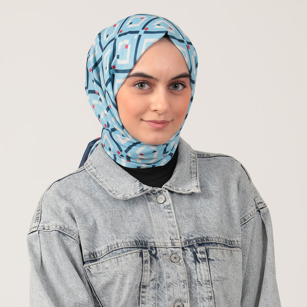 Pamuk İpek Şal - Yeni Baklava Desen - Bebe Mavisi