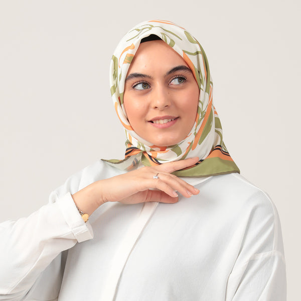 Twill Eşarp - İlkbahar Desen - Yağ Yeşili