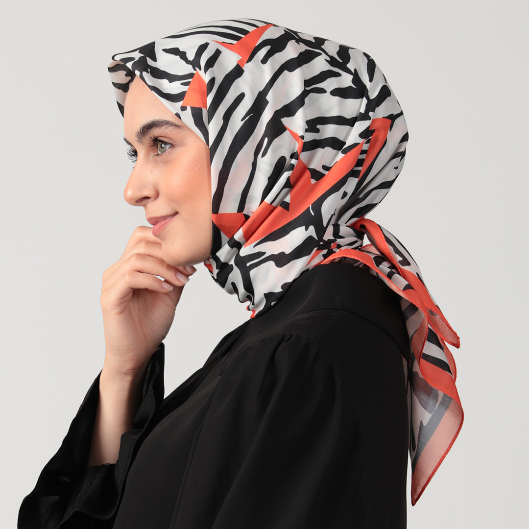 Pamuk İpek Eşarp - Zebra Desen - Turuncu