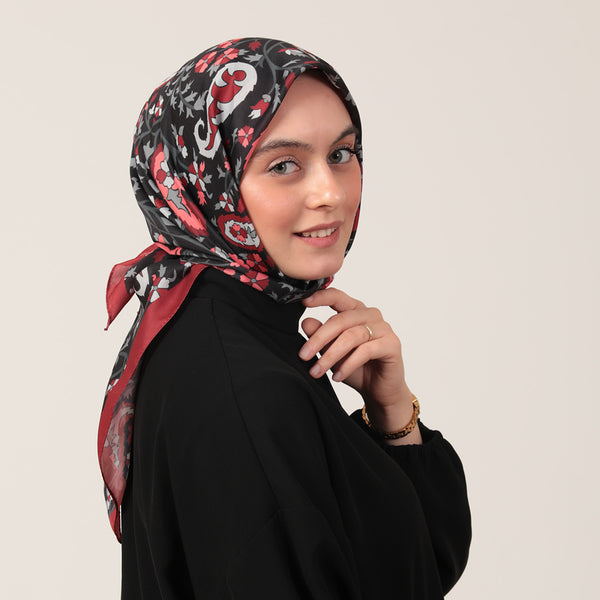 Pamuk İpek Eşarp - Etnik Floral Desen - Bordo Siyah