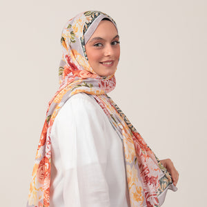 Pamuk İpek Şal - Floral Desen - Taş