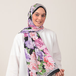 Pamuk İpek Şal - Floral Desen - Siyah Lila