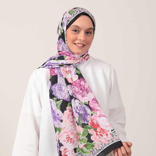 Pamuk İpek Şal - Floral Desen - Siyah Lila