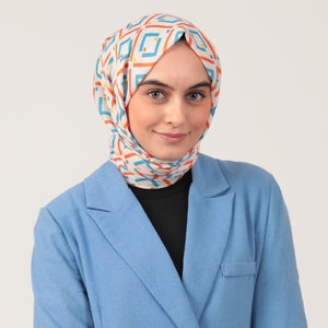 Pamuk İpek Şal - Yeni Baklava Desen - Ekru Oranj