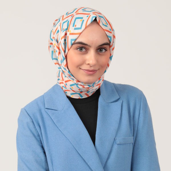 Pamuk İpek Şal - Yeni Baklava Desen - Ekru Oranj