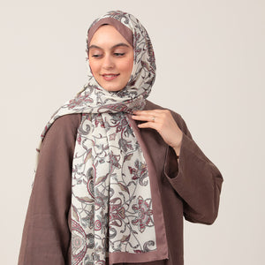 Pamuk İpek Şal - Paisley Çiçek Desen - Tatlı Kahve