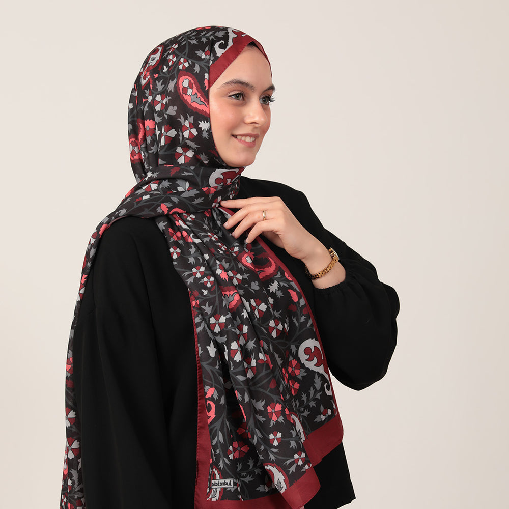 Pamuk İpek Şal - Etnik Floral Desen - Bordo Siyah