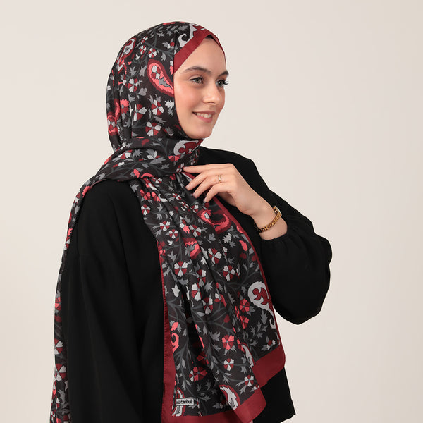 Pamuk İpek Şal - Etnik Floral Desen - Bordo Siyah