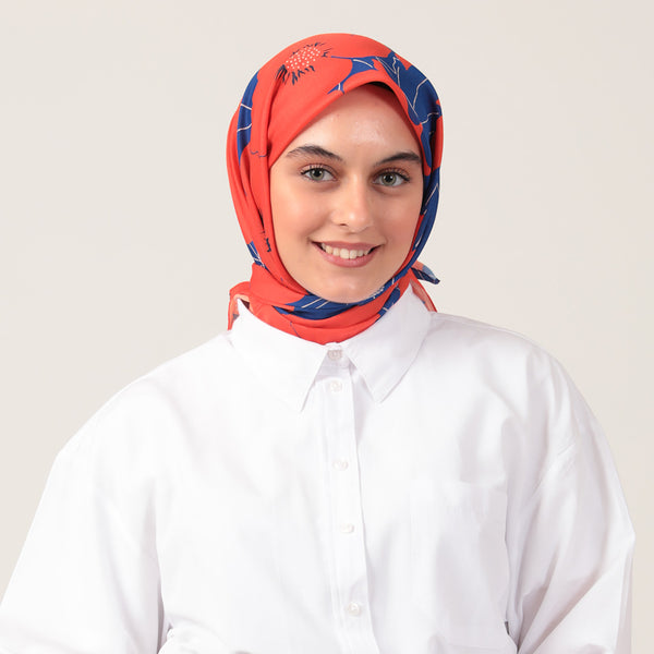 Pamuk İpek Eşarp - Manolya Desen - Kırmızı Mavi