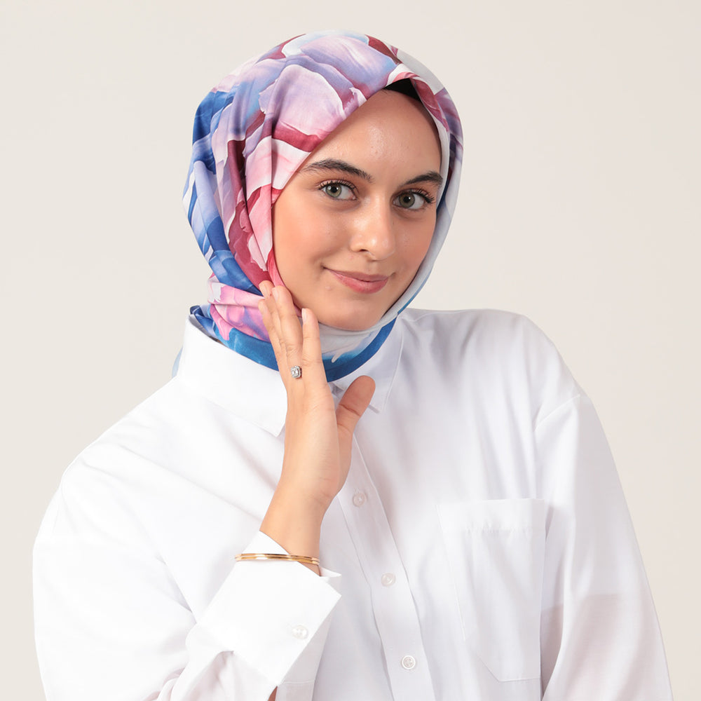 Pamuk İpek Eşarp - Lotus Desen - Saks Mavisi