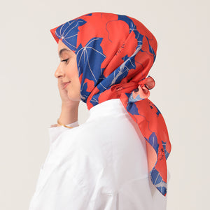 Pamuk İpek Eşarp - Manolya Desen - Kırmızı Mavi