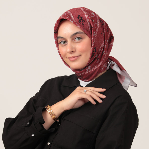 Pamuk İpek Eşarp - Etro Desen - Vişne