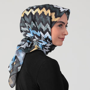 Pamuk İpek Eşarp - Zigzag Desen - Siyah Sarı