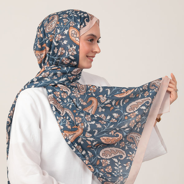 Pamuk İpek Şal - Etnik Floral Desen - Vizon Mavi