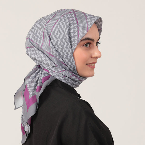 Pamuk İpek Eşarp - Minik Kazayağı Desen - Lila Gri