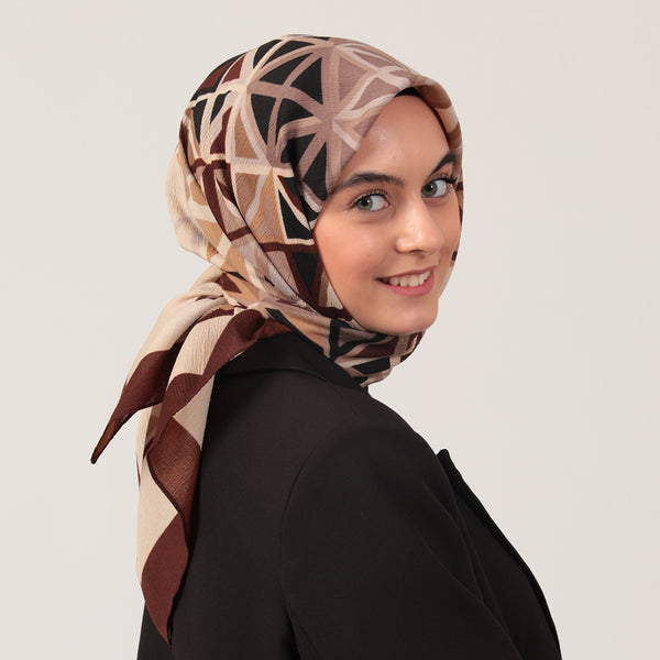 Pamuklu Bürümcük Eşarp - Prizma Desen - Kahverengi