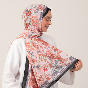 Pamuk İpek Şal - Floral Desen - Kiremit