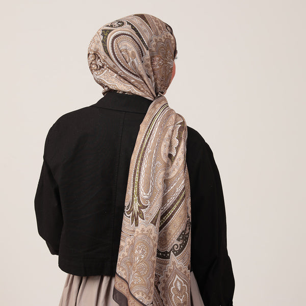 Pamuk İpek Şal - Hint Desen - Koyu Haki