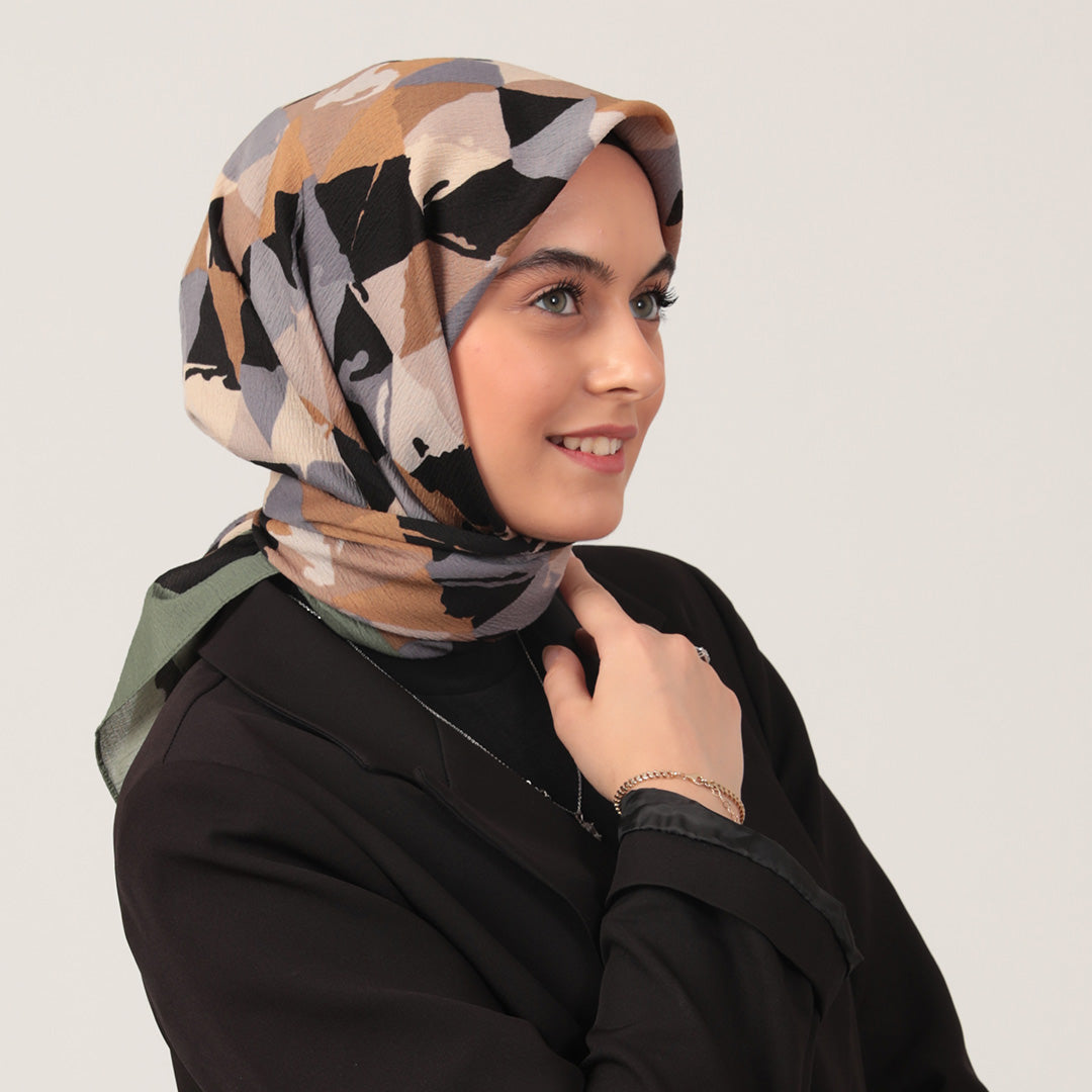 Pamuklu Bürümcük Eşarp - Üçgen Desen - Haki Yeşili