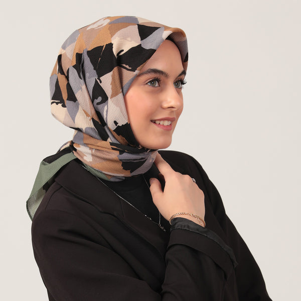 Pamuklu Bürümcük Eşarp - Üçgen Desen - Haki Yeşili
