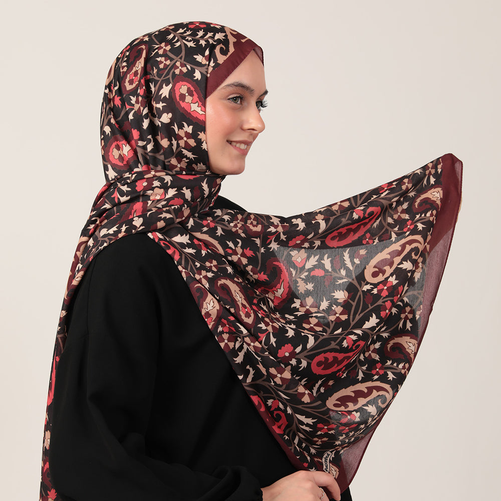 Pamuk İpek Şal - Etnik Floral Desen - Bordo Krem