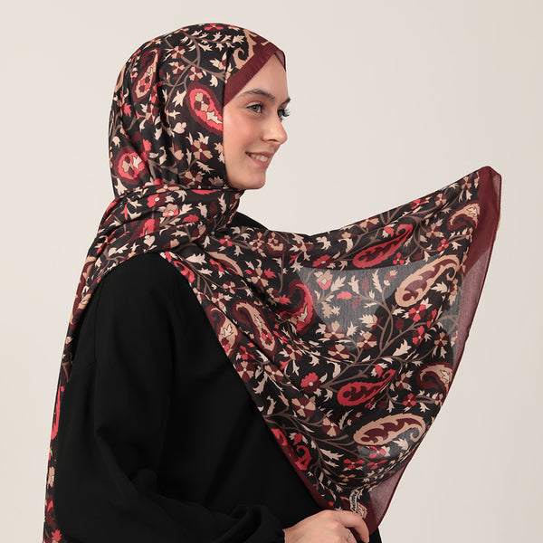Pamuk İpek Şal - Etnik Floral Desen - Bordo Krem