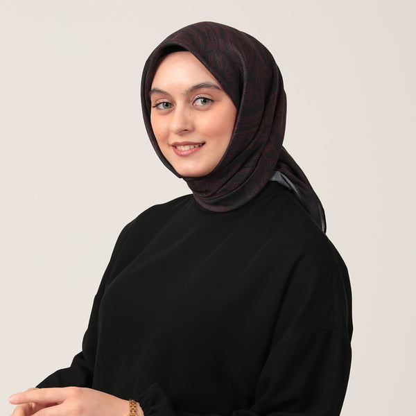 Pamuk İpek Eşarp - Mistik Desen - Siyah Bordo